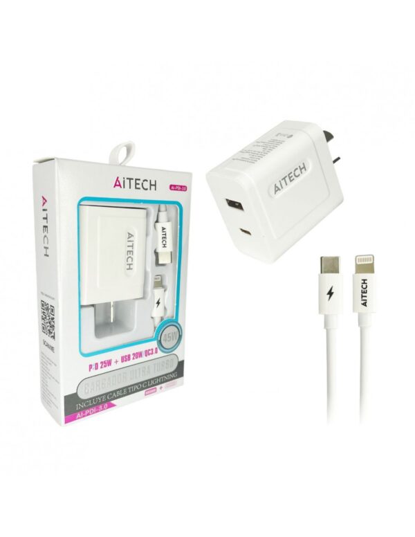 Cargador De Pared Aitech Ai-pdi3.0 45w Tipo C A IOS Pd+qc3.0 Doble Carga